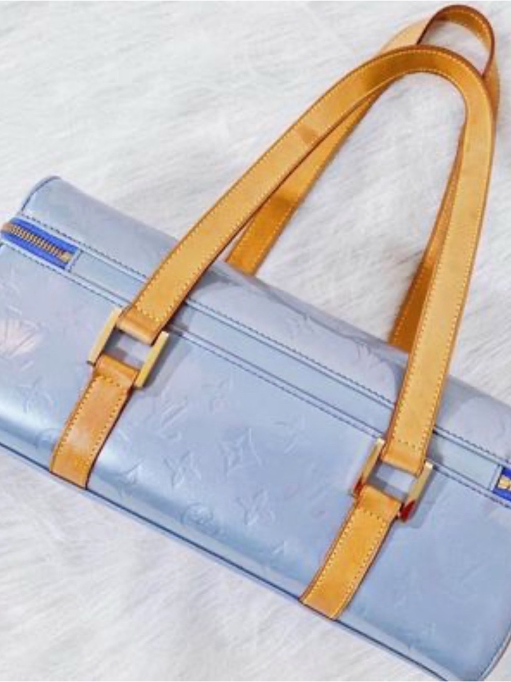 Louis Vuitton Light Blue Shoulder Bag with Tan Straps